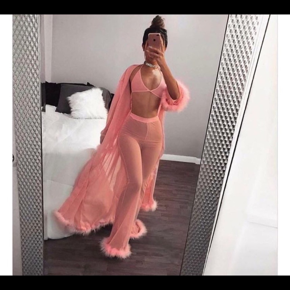 3 piece fur robe mesh pants and triangle bra